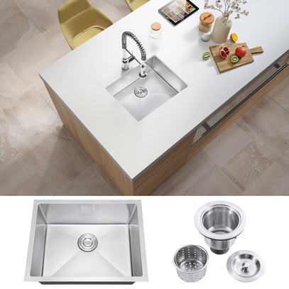 Stainless steel kitchen sink with accessories on a countertop, with close-up details below.