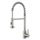 Stainless steel kitchen faucet with pull-down spray head on a white background