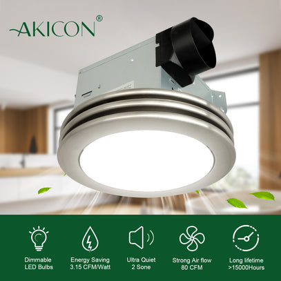 Ceiling-mounted air vent with AKICON branding and product features displayed.