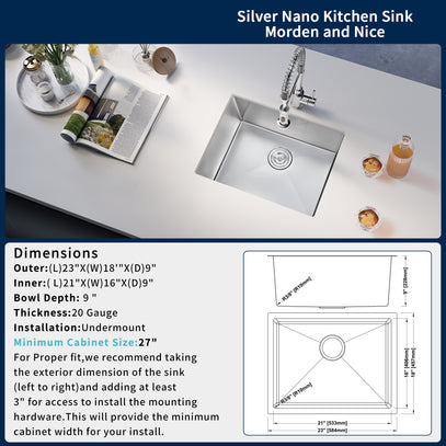 Stainless steel kitchen sink with dimensions and installation details displayed.