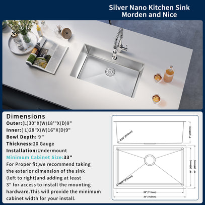 Stainless steel kitchen sink on a white countertop with dimensions and installation information displayed.