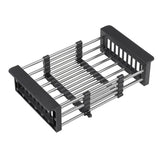 Dish drying rack with black frame and silver metal bars on a white background