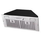 Stainless steel range hood with black top on a white background
