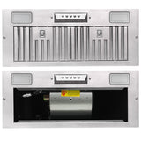 Stainless steel range hood with visible interior components on a white background