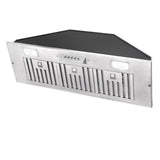 Stainless steel range hood on a white background