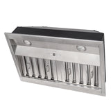 Stainless steel range hood on a white background