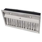 Stainless steel range hood on a white background