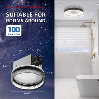 Ceiling light fixture with measurements and suitability for rooms around 100 square feet, shown in a bathroom setting.