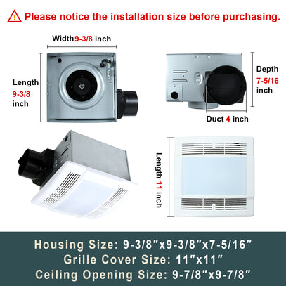 Ventilation fan with dimensions and installation size information on a white background