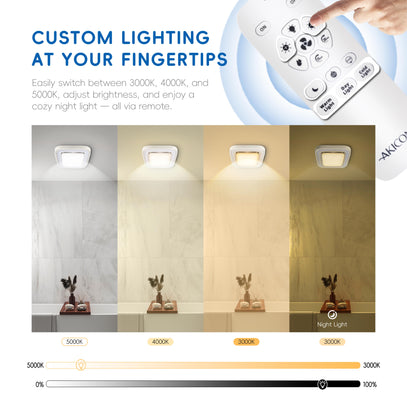 Lighting control system with remote control and adjustable light color temperature on a neutral background.