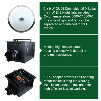 Product details with LED bulbs, night light, and motor on a green background