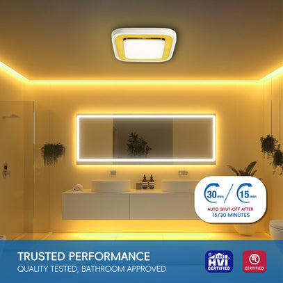 Bathroom with a ceiling light fixture and illuminated mirror, featuring certification logos.