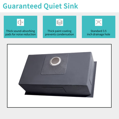 Guaranteed Quiet Sink with features highlighted on a white background
