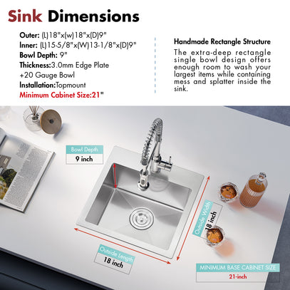 Stainless steel sink with dimensions and features on a white surface