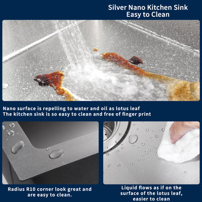 Silver nano kitchen sink with cleaning demonstration and text highlighting its easy-to-clean properties.