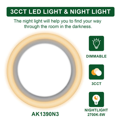 3CCT LED light and night light with features highlighted on a white background