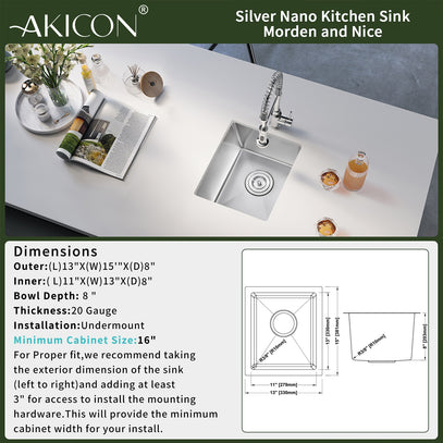 Silver nano kitchen sink with dimensions and installation instructions on a white countertop.