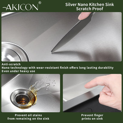 Silver nano kitchen sink with anti- scratch properties, featuring a knife scratch test and oil stain prevention.