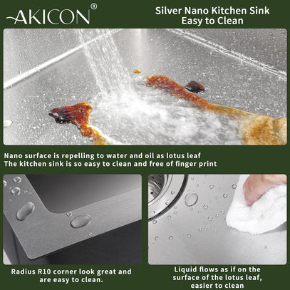 Advertisement for AKICON Silver Nano Kitchen Sink highlighting its easy cleaning properties.