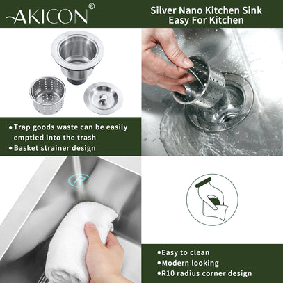 Akicon silver nano kitchen sink with features highlighted on a green background