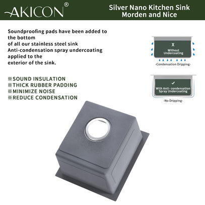 Akicon Silver Nano Kitchen Sink with soundproofing pads and anti-condensation spray on a white background