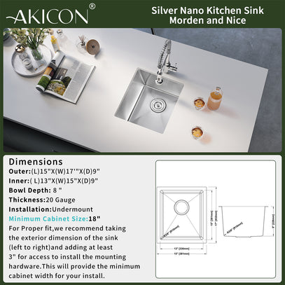 Silver nano kitchen sink with dimensions and installation details on a white countertop.