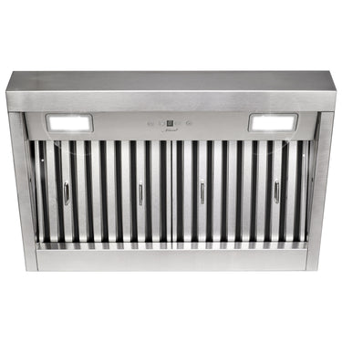 Stainless steel range hood on a white background