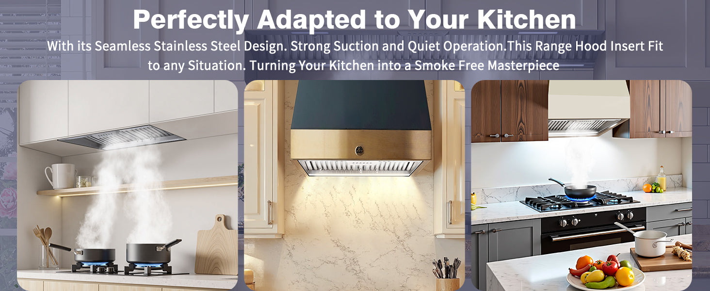 Advertisement for a range hood with images of kitchens and text highlighting features.