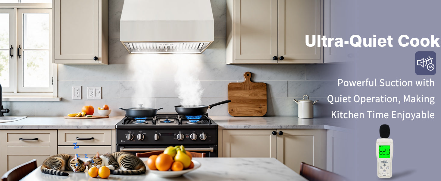 Modern kitchen with Ultra-Quiet Cook appliance, featuring a stove and cutting board.
