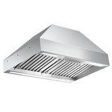 Stainless steel range hood on a white background