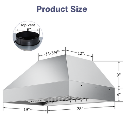 Stainless steel range hood with dimensions and top vent illustration on a white background