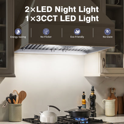 Kitchen hood with LED lighting features in a kitchen setting