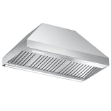 Stainless steel range hood on a white background
