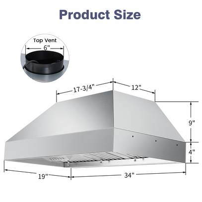 Stainless steel range hood with dimensions and top vent illustration on a white background