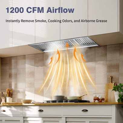Kitchen with a range hood labeled '1200 CFM Airflow' removing smoke and odors.