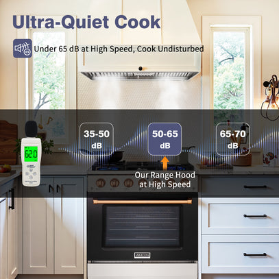 Kitchen with a range hood labeled 'Ultra-Quiet Cook' and sound level indicators.