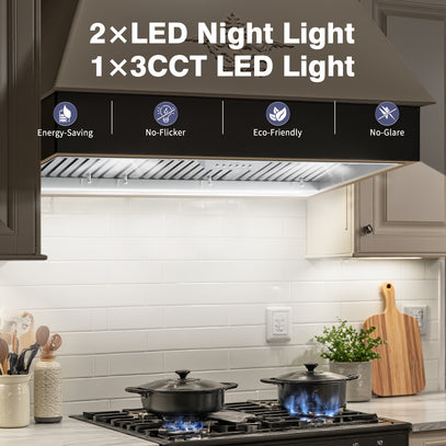 Kitchen hood with LED lights labeled as energy-saving, no-flicker, eco-friendly, and no-glare.