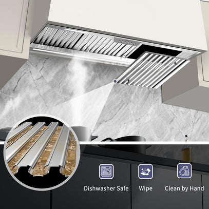 Modern kitchen hood with marble backsplash and cleaning instructions.