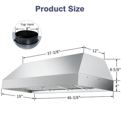 Stainless steel range hood with dimensions labeled on a white background