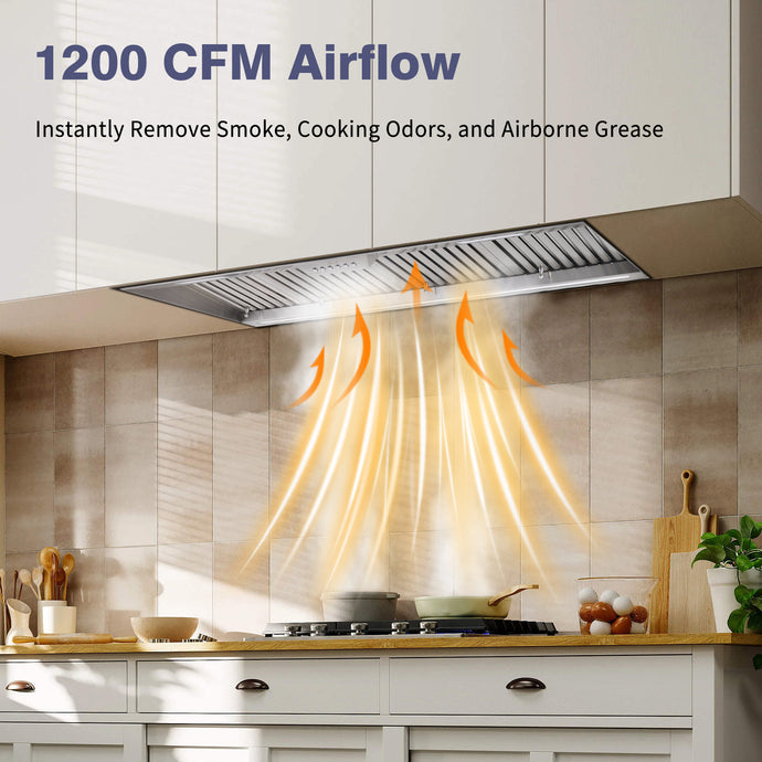 Kitchen with a range hood labeled '1200 CFM Airflow' removing smoke and odors.