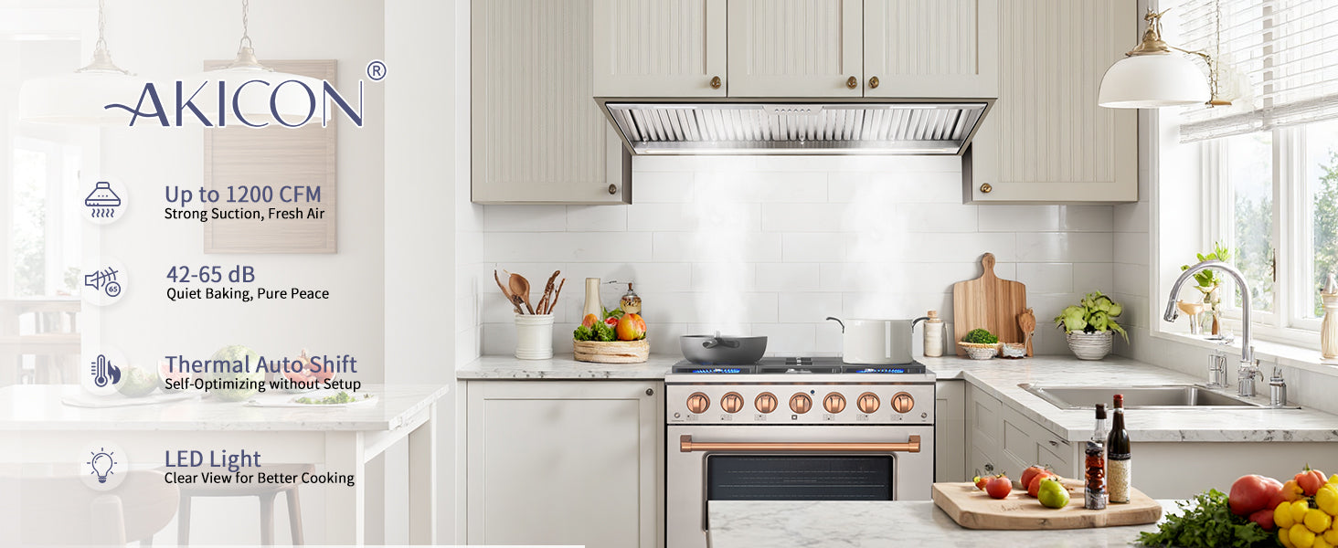 Modern kitchen with a range hood, featuring the brand 'Akicon'.