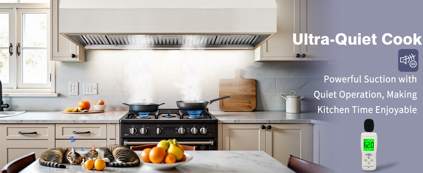 Modern kitchen with a stove and exhaust hood, featuring text about ultra-quiet cook technology.