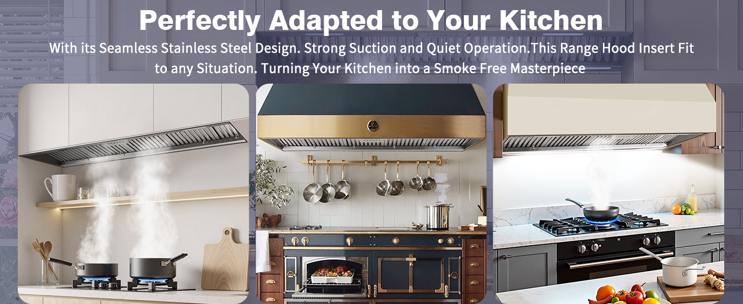 Advertisement for a range hood with images of kitchens and text highlighting features.