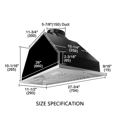 Measurement chart of a black vent hood with dimensions labeled