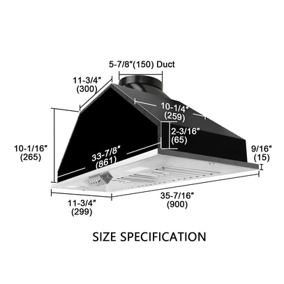 Measurement chart of a range hood with dimensions labeled