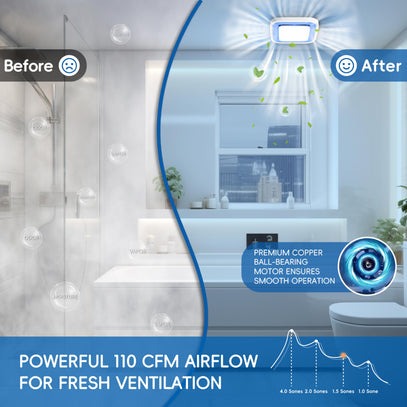 Bathroom with air purification system before and after, showing improved air quality.