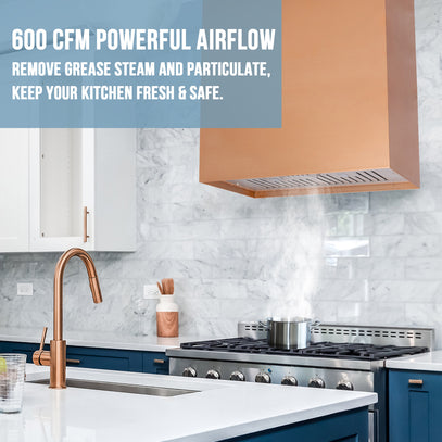 Modern kitchen with a range hood, faucet, and stove, featuring text about air flow capabilities.