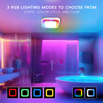 Bathroom with RGB lighting modes displayed, featuring a modern shower and bathtub setup.