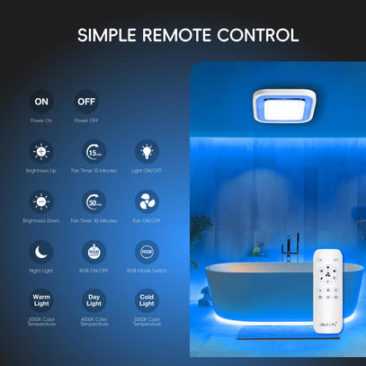 Bathroom setting with a ceiling light fixture and remote control, featuring simple remote control options on the left.