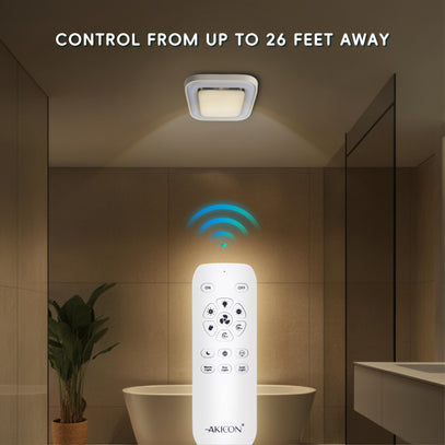 Ceiling light fixture with remote control in a bathroom setting, highlighting remote control range.